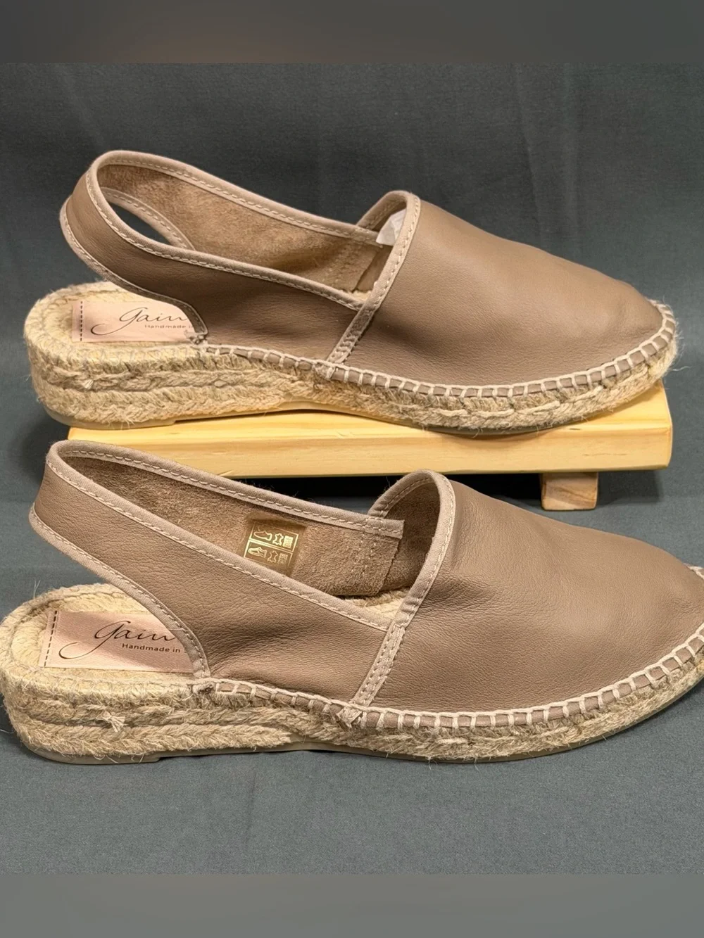 Gaimo Leather Slingback Espadrilles Low Wedge Handmade Spain Taupe EU36 US 5.5 6